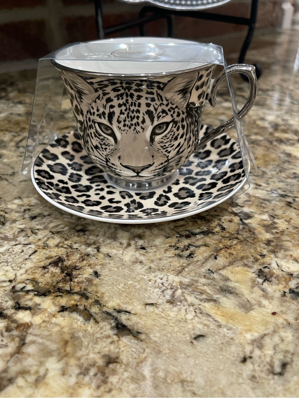 Grace Teaware teacup and saucer -  leopard face and print design - Brand new!